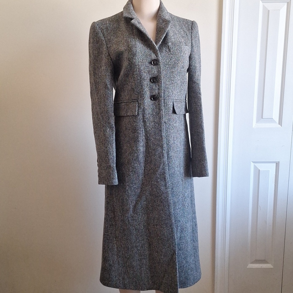 Vintage Harris Tweed Longline Trench Coat Gray Herringbone Handwoven Wool Size M - Picture 2 of 13